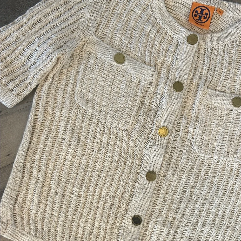 Tory Burch Cream Open Knit Button-Front Cardigan